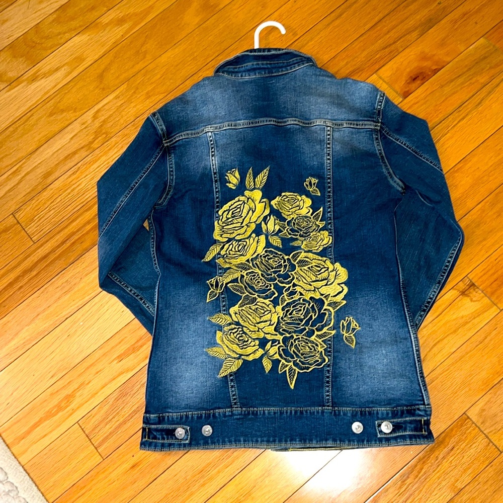 Lularoe stretchy Jean jacket with golden floral embroidery